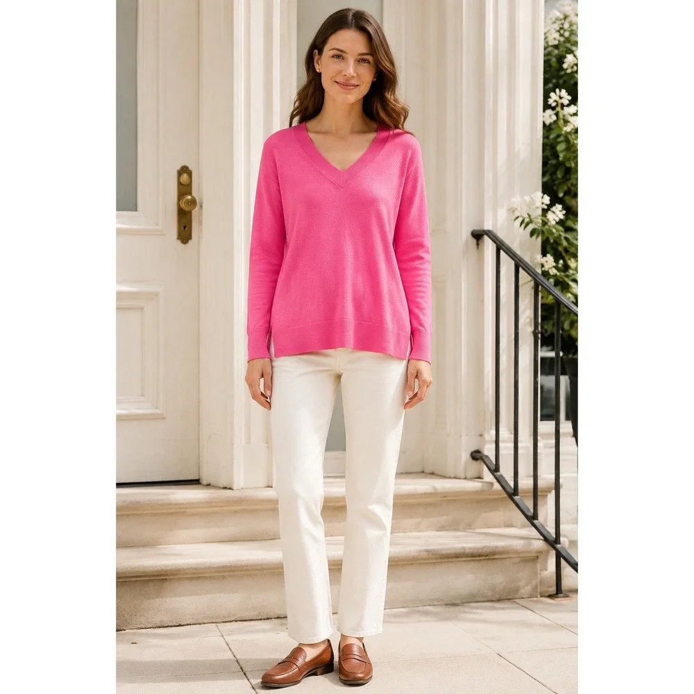 J. Crew Pink Cotton V Neck Sweater S Oversized Preppy Dopamine Coastal